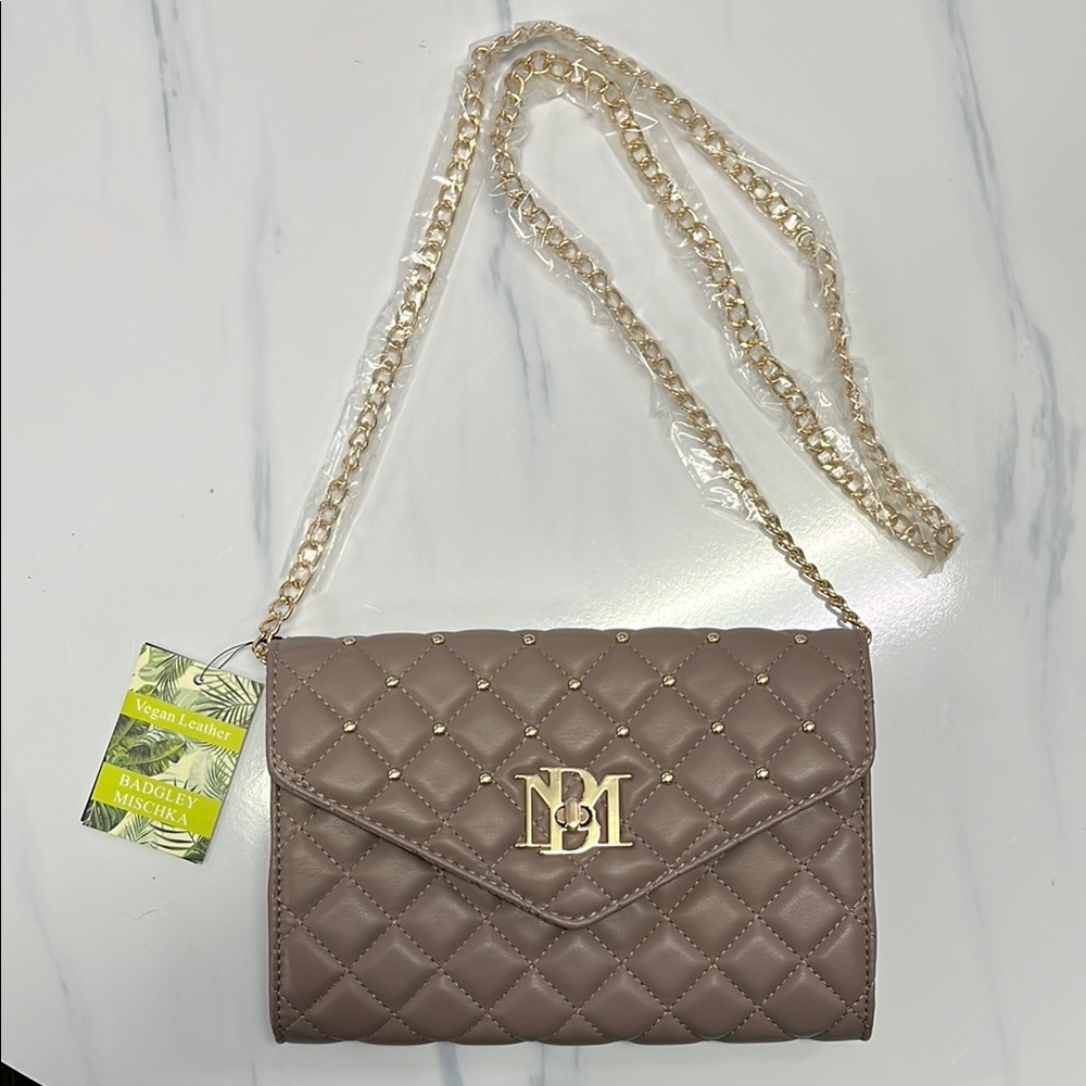 Badgley Mischka Diamond Quilted Taupe Crossbody Bag NWT